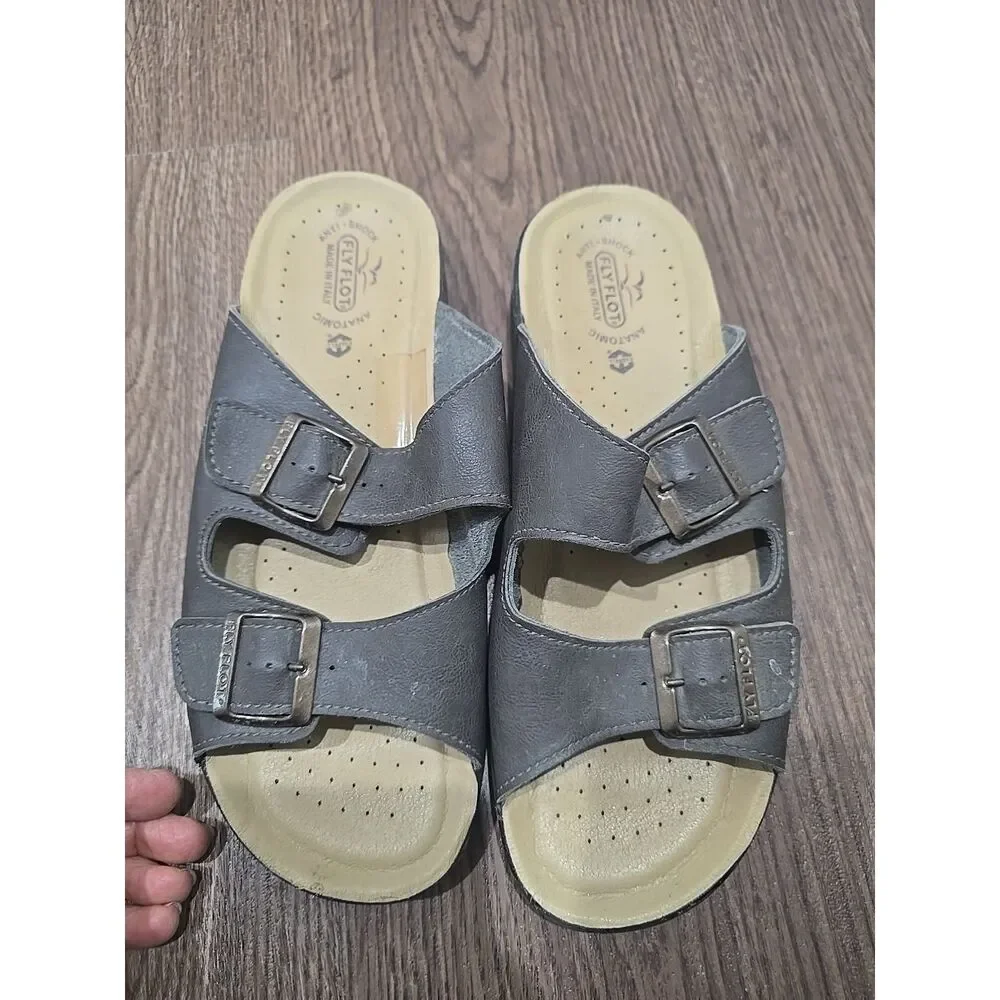 Mens Fly Flot Anatomic Brown Leather Two Strap Buckle Sandals‎ Size 44/ 11.5